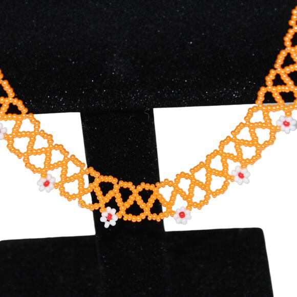 Handmade Collar Length Beaded Necklace Orange & White - Picture 3 of 6